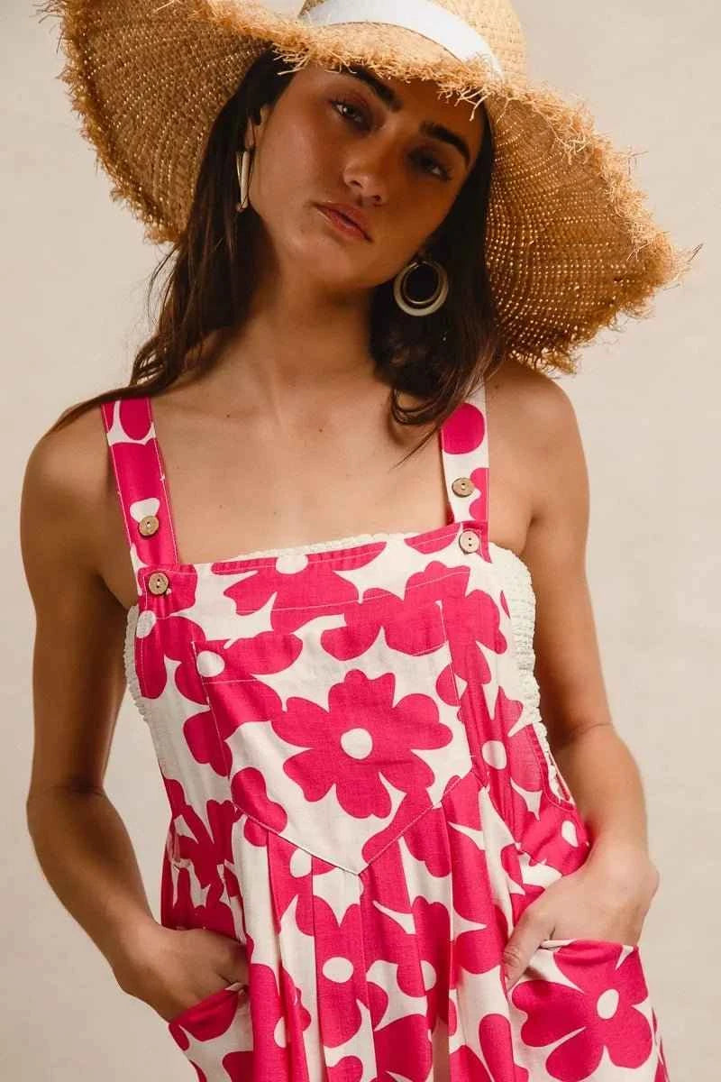Fushia Floral Prints Tuck Detail Short Overall With Pockets by BiBi