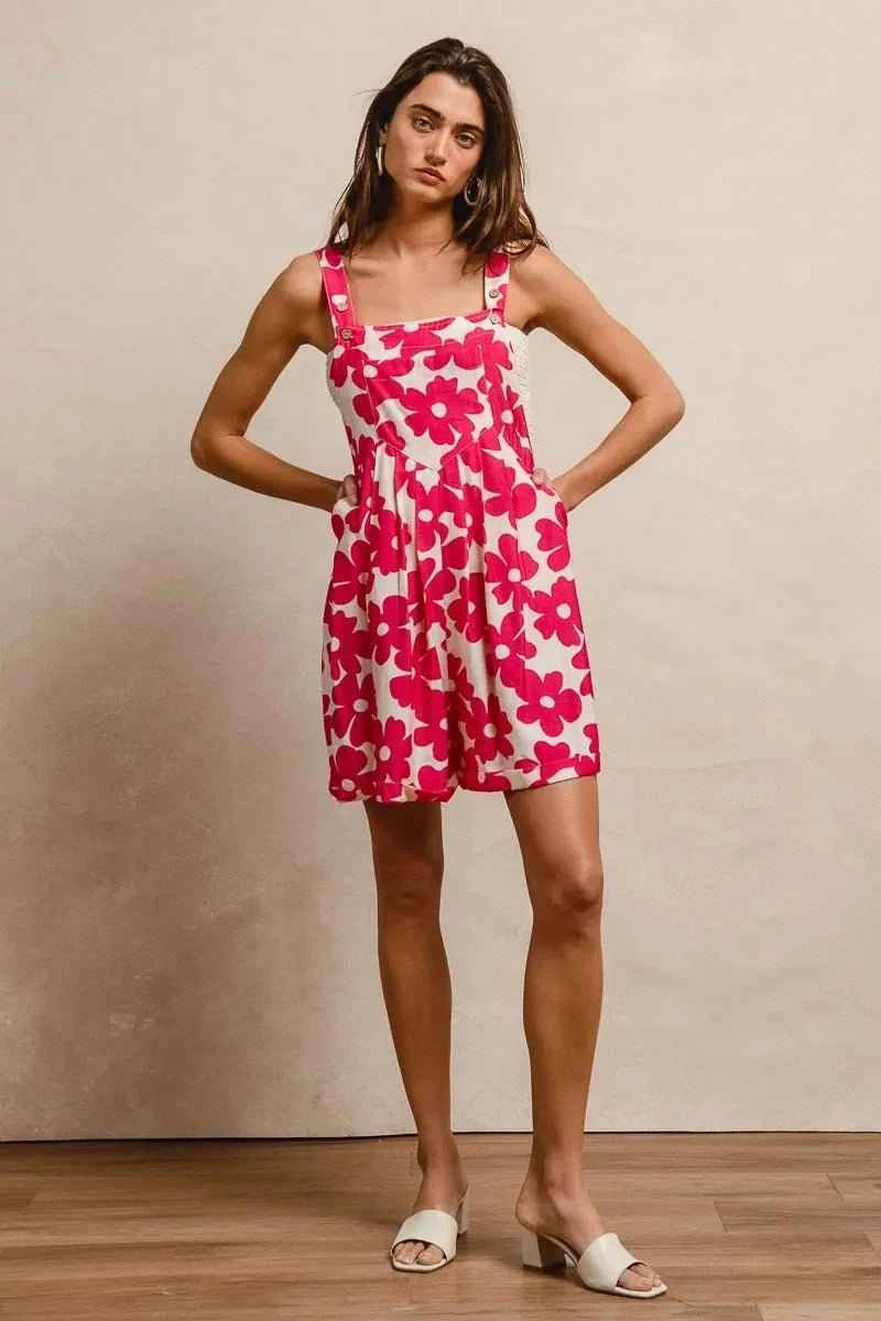 Fushia Floral Prints Tuck Detail Short Overall With Pockets by BiBi