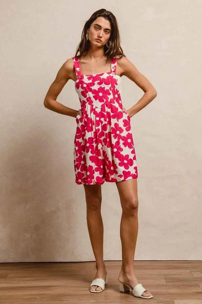 Fushia Floral Prints Tuck Detail Short Overall With Pockets by BiBi