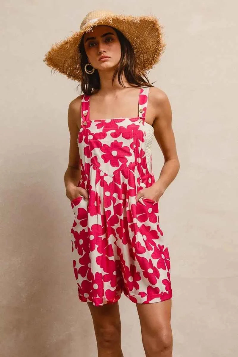 Fushia Floral Prints Tuck Detail Short Overall With Pockets by BiBi