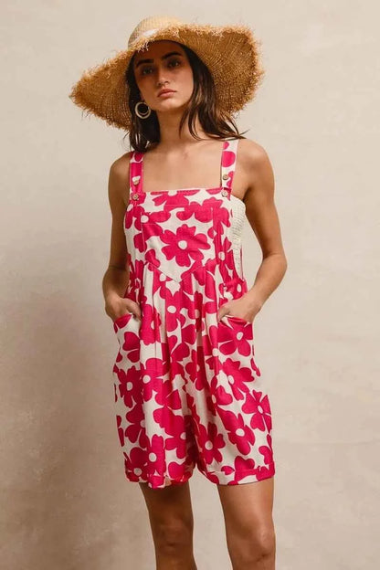 Fushia Floral Prints Tuck Detail Short Overall With Pockets by BiBi