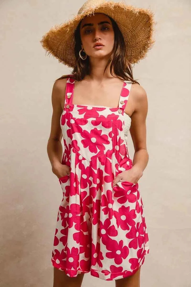 Fushia Floral Prints Tuck Detail Short Overall With Pockets by BiBi