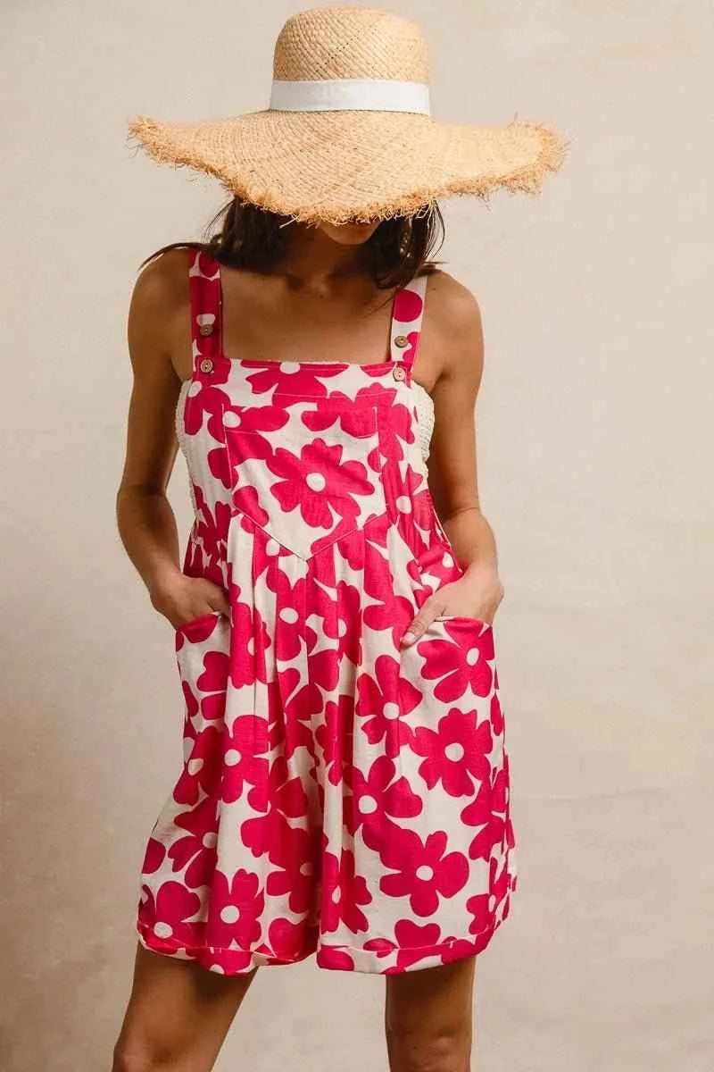 Fushia Floral Prints Tuck Detail Short Overall With Pockets by BiBi