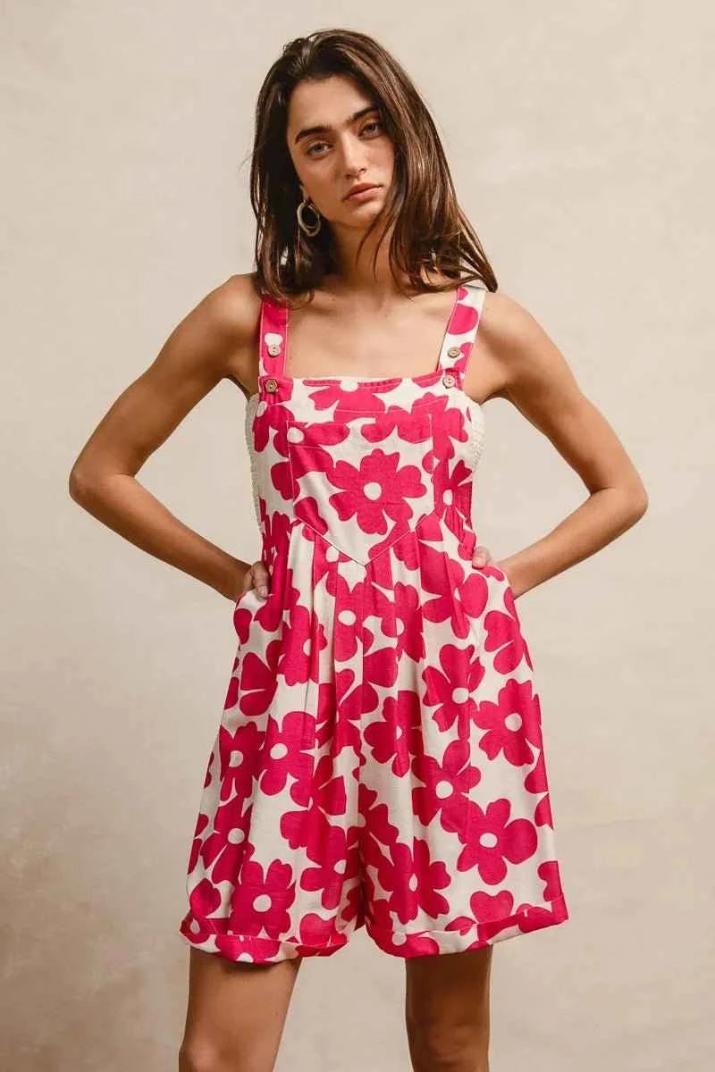 Fushia Floral Prints Tuck Detail Short Overall With Pockets by BiBi