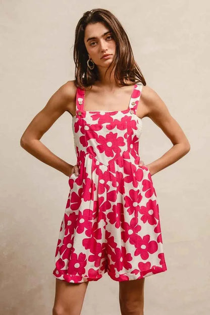 Fushia Floral Prints Tuck Detail Short Overall With Pockets by BiBi