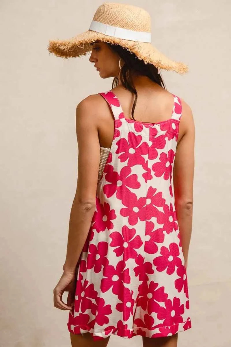 Fushia Floral Prints Tuck Detail Short Overall With Pockets by BiBi