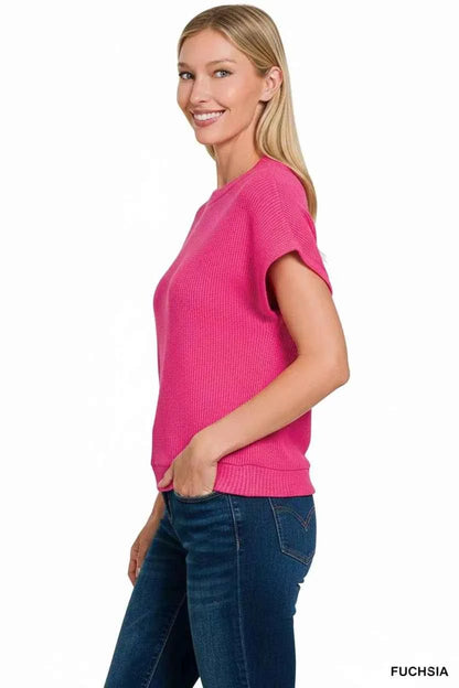Fushia Round Neck Banded Bottom Short Sleeve Sweater by Zenana
