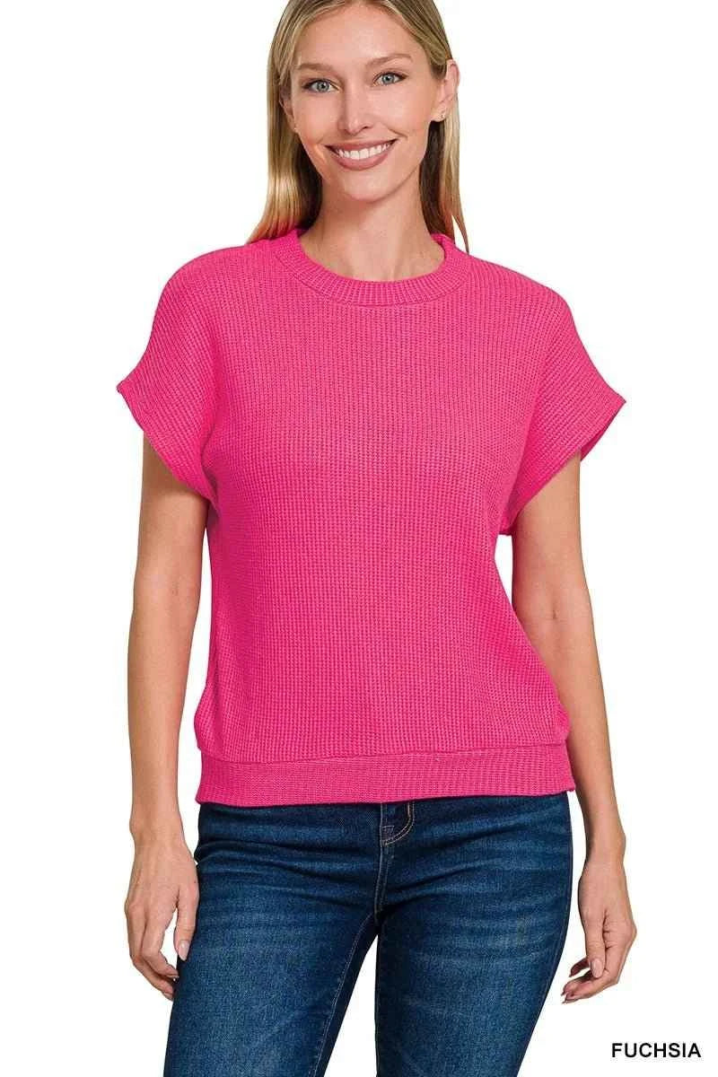 Fushia Round Neck Banded Bottom Short Sleeve Sweater by Zenana