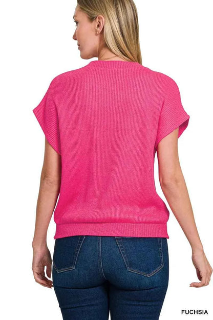 Fushia Round Neck Banded Bottom Short Sleeve Sweater by Zenana