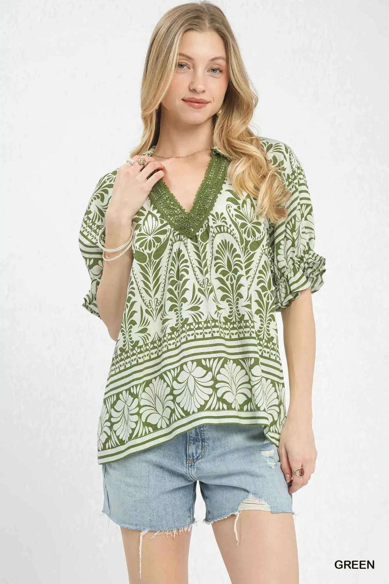 Green Two Tone Border Print Top