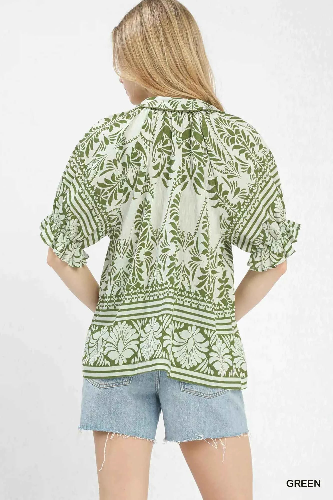 Green Two Tone Border Print Top