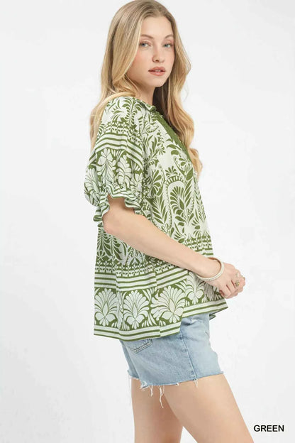 Green Two Tone Border Print Top
