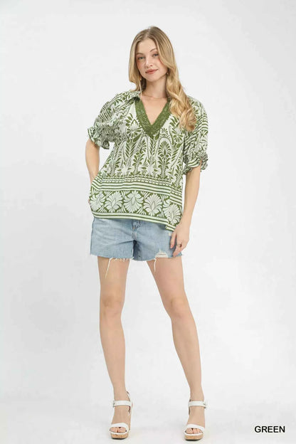 Green Two Tone Border Print Top