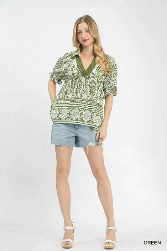 Green Two Tone Border Print Top