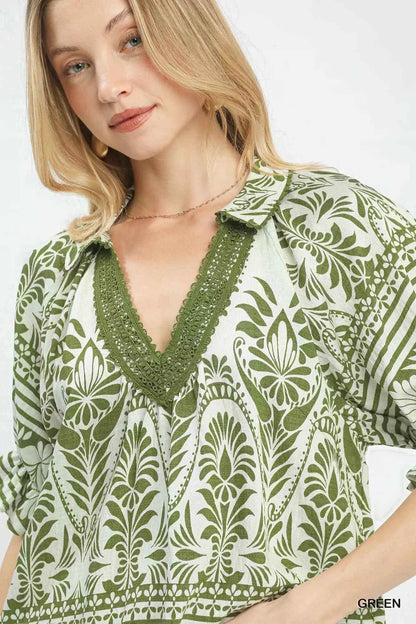 Green Two Tone Border Print Top