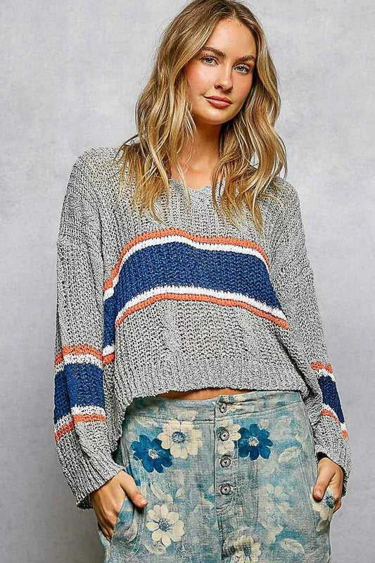 Grey V-Neck Striped Pattern Cropped Knit Top with Cable Knit Detail by POL