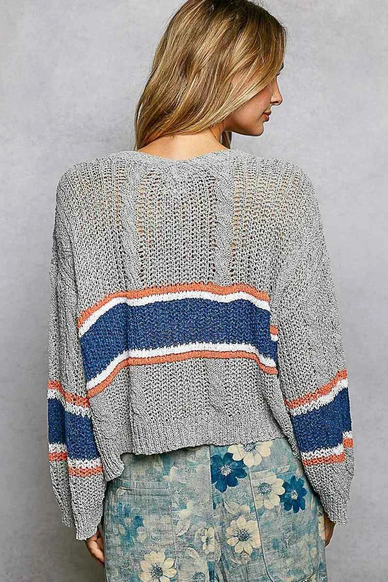 Grey V-Neck Striped Pattern Cropped Knit Top with Cable Knit Detail by POL