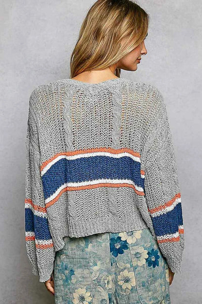 Grey V-Neck Striped Pattern Cropped Knit Top with Cable Knit Detail by POL
