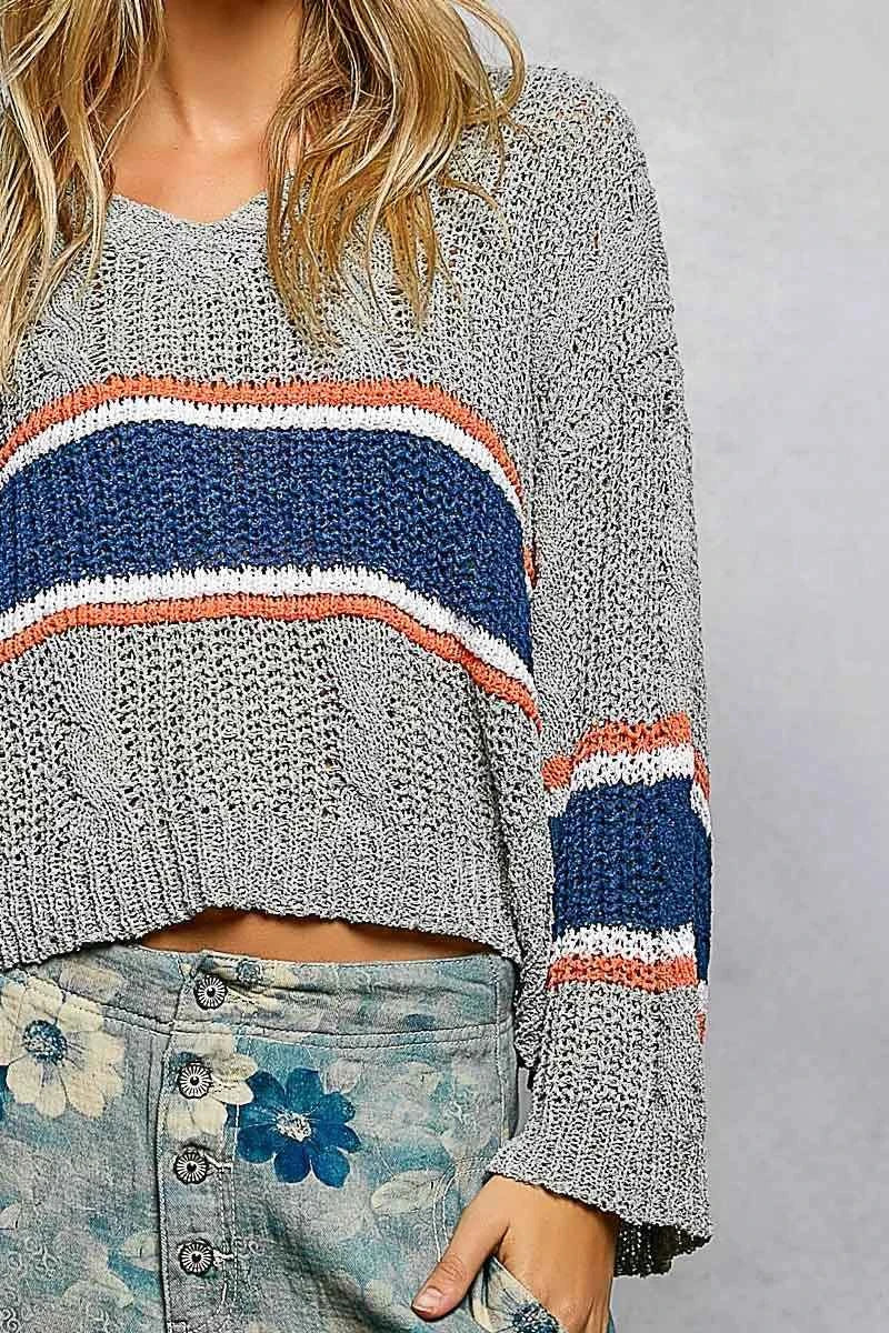 Grey V-Neck Striped Pattern Cropped Knit Top with Cable Knit Detail by POL