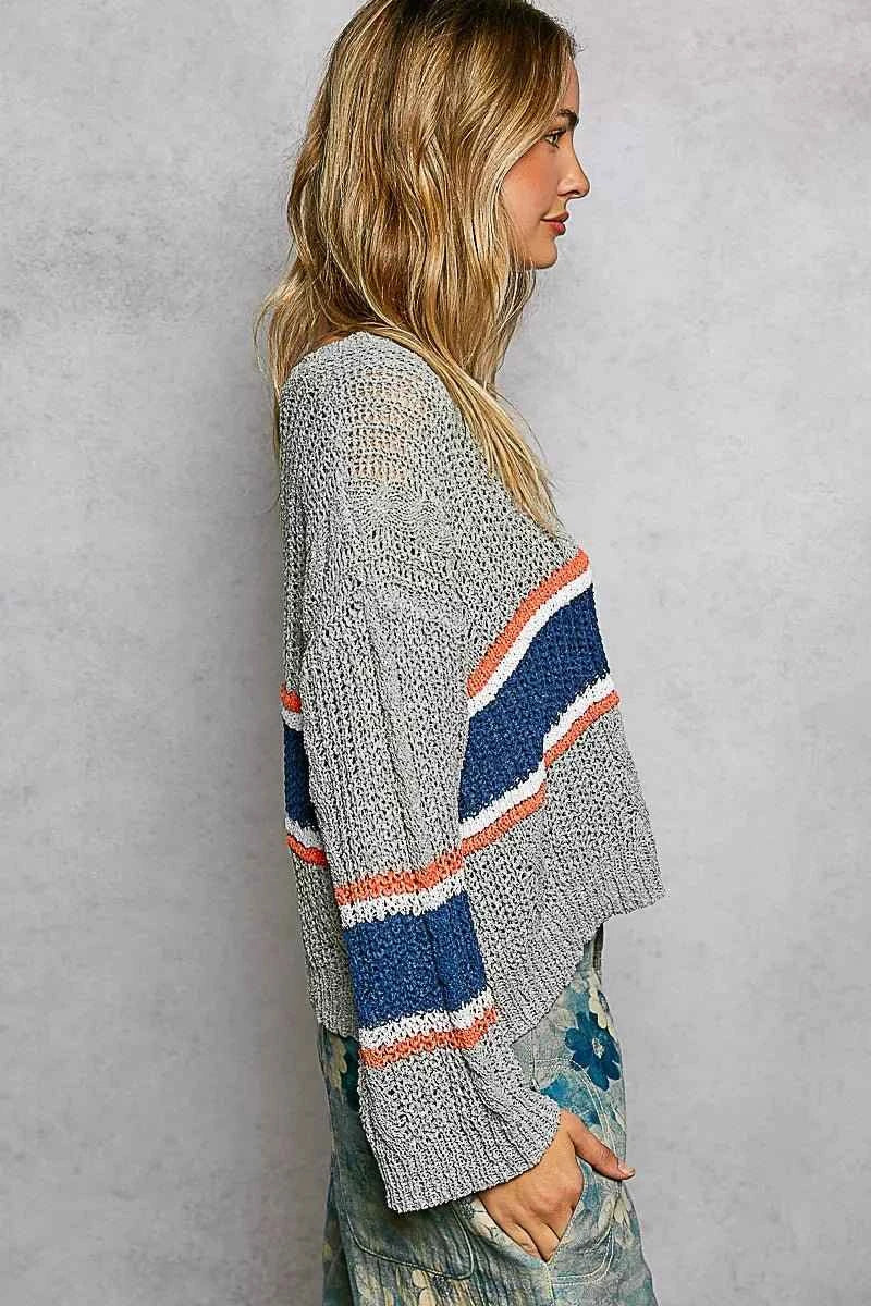 Grey V-Neck Striped Pattern Cropped Knit Top with Cable Knit Detail by POL
