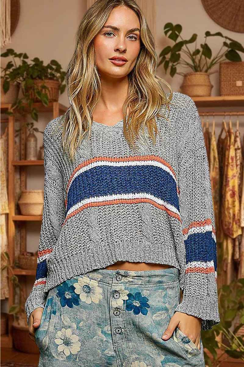 Grey V-Neck Striped Pattern Cropped Knit Top with Cable Knit Detail by POL