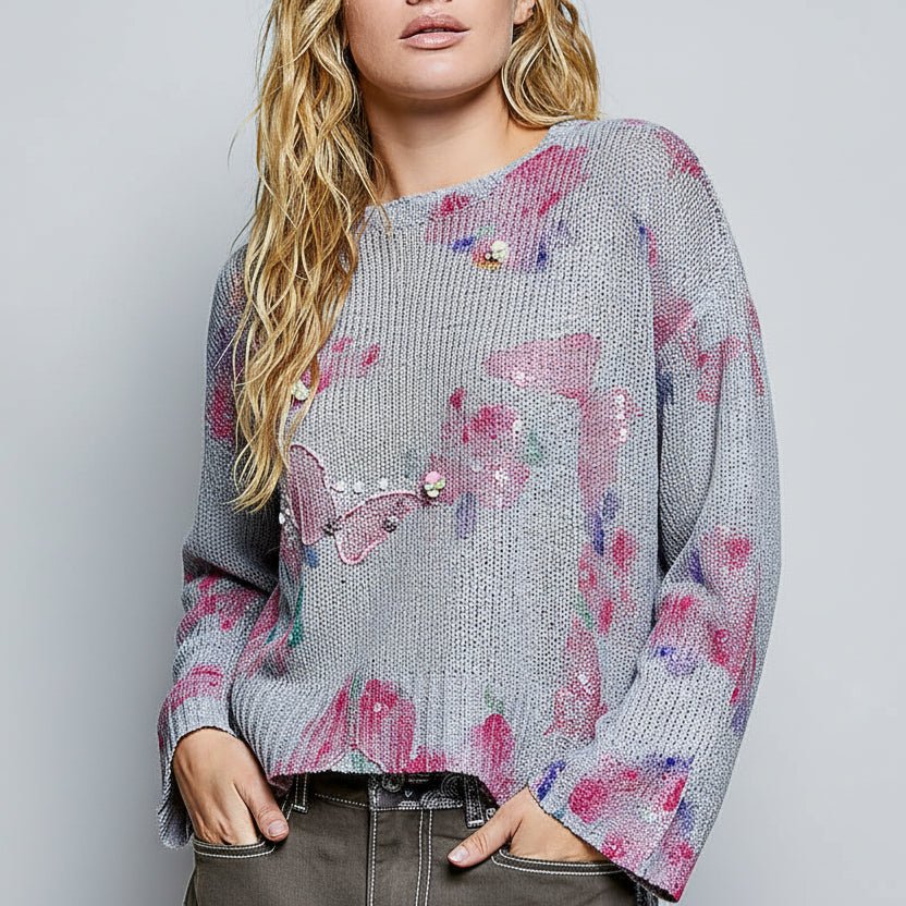 Heather Gray Butterfly Sequin Sweater Top – Lightweight Long Sleeve Knit by POL Side View