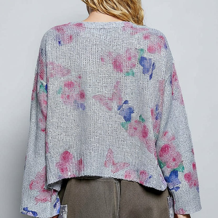 Heather Gray Butterfly Sequin Sweater Top – Lightweight Long Sleeve Knit by POL Back View