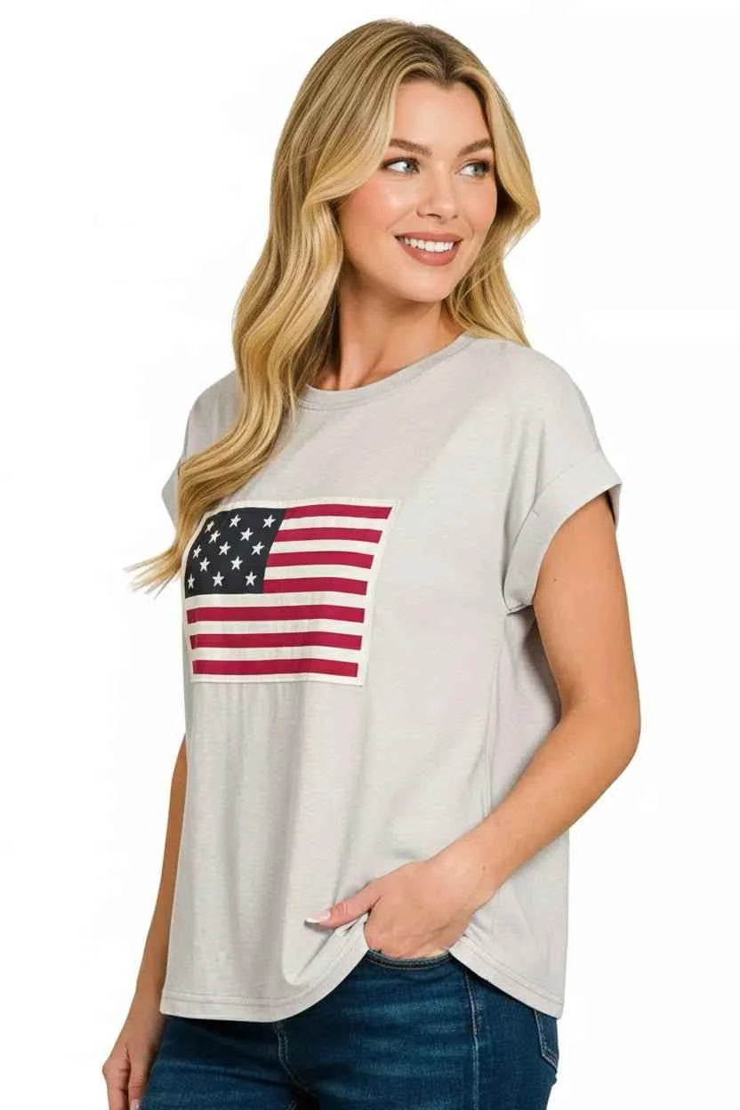 Heather Gray US Flag Round Neck Short Sleeve T-Shirt by Zenana