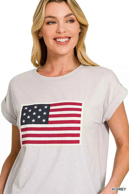 Heather Gray US Flag Round Neck Short Sleeve T-Shirt by Zenana