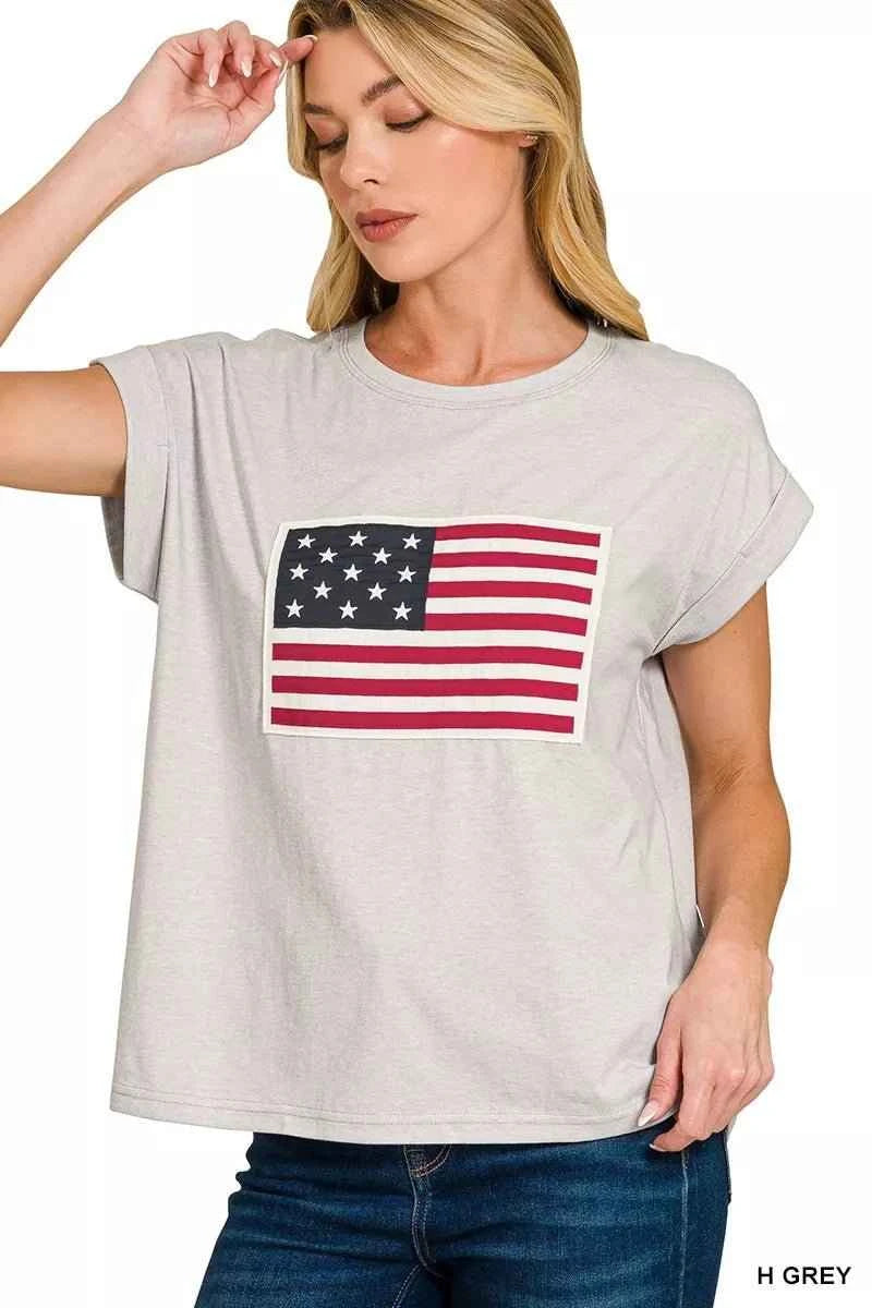 Heather Gray US Flag Round Neck Short Sleeve T-Shirt by Zenana