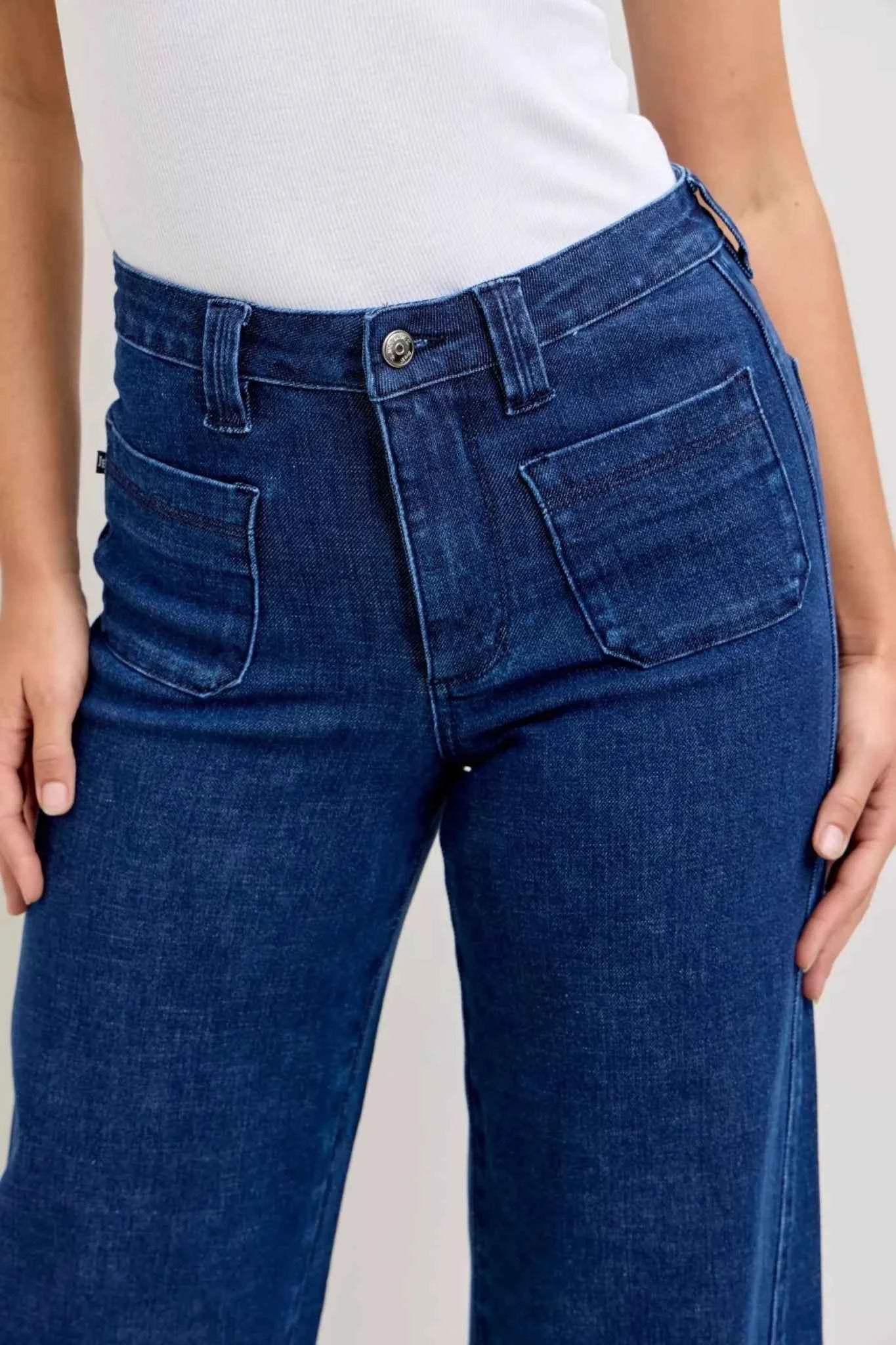 High-Waisted Retro Wide Jeans with Patch Pkts & Twisted Seams by Judy Blue