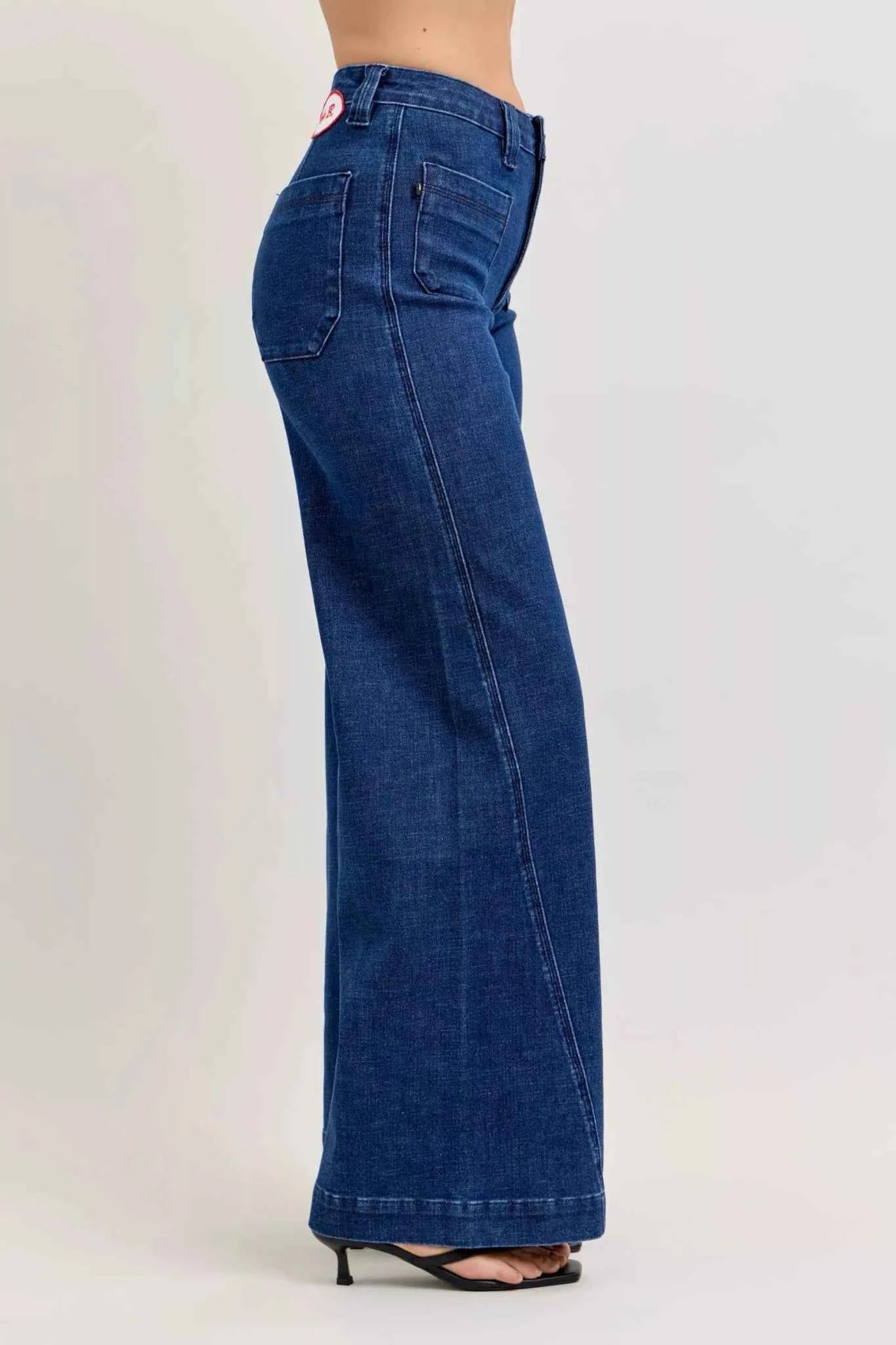 High-Waisted Retro Wide Jeans with Patch Pkts & Twisted Seams by Judy Blue