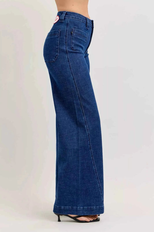 High-Waisted Retro Wide Jeans with Patch Pkts & Twisted Seams by Judy Blue