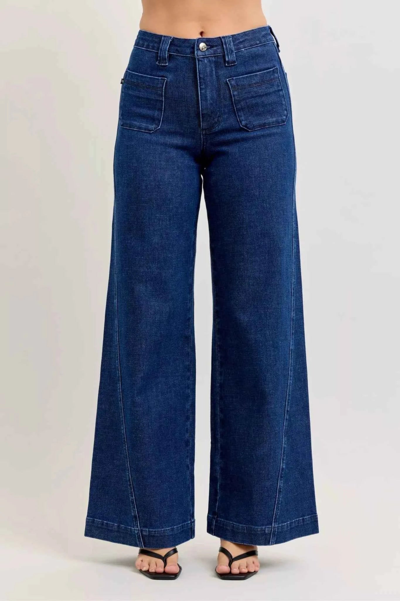 High-Waisted Retro Wide Jeans with Patch Pkts & Twisted Seams by Judy Blue