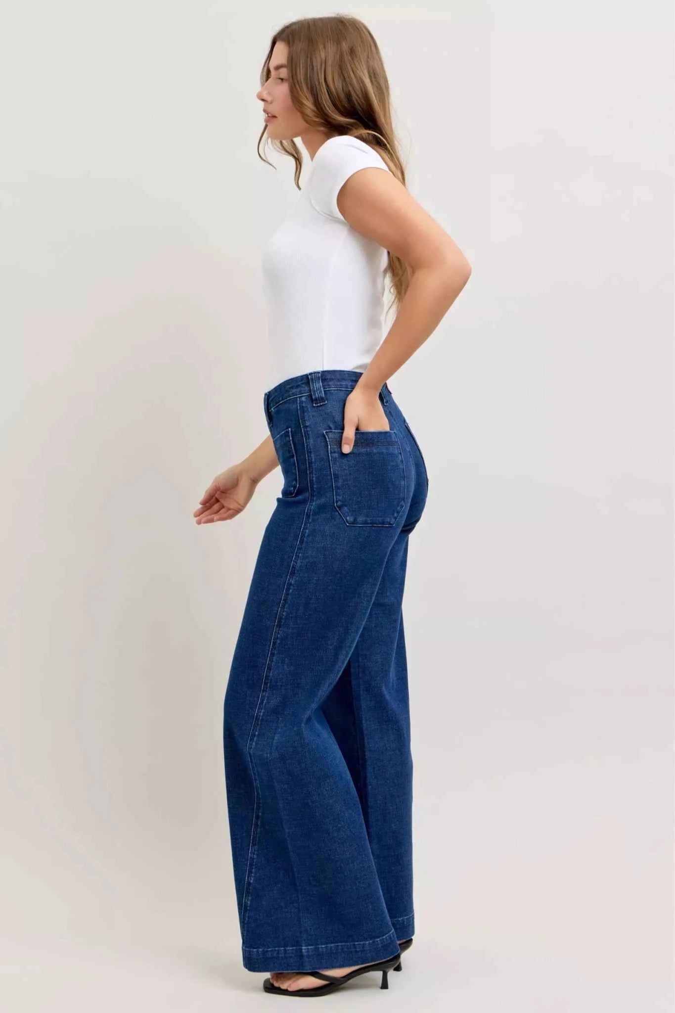 High-Waisted Retro Wide Jeans with Patch Pkts & Twisted Seams by Judy Blue