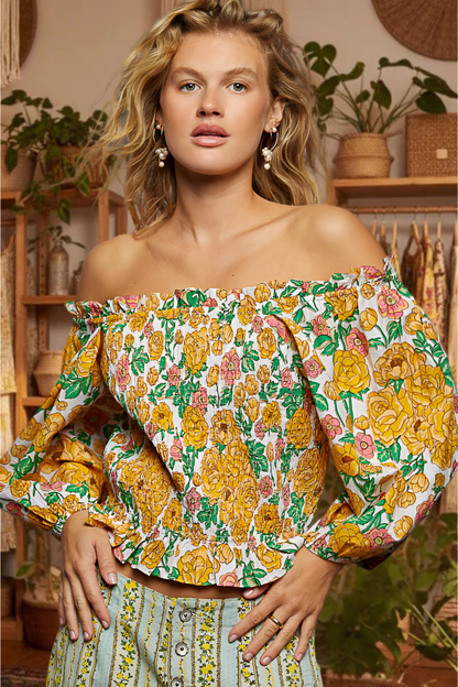 Honey Yellow Floral Print Off-Shoulder Smocked Blouse by POL Front View