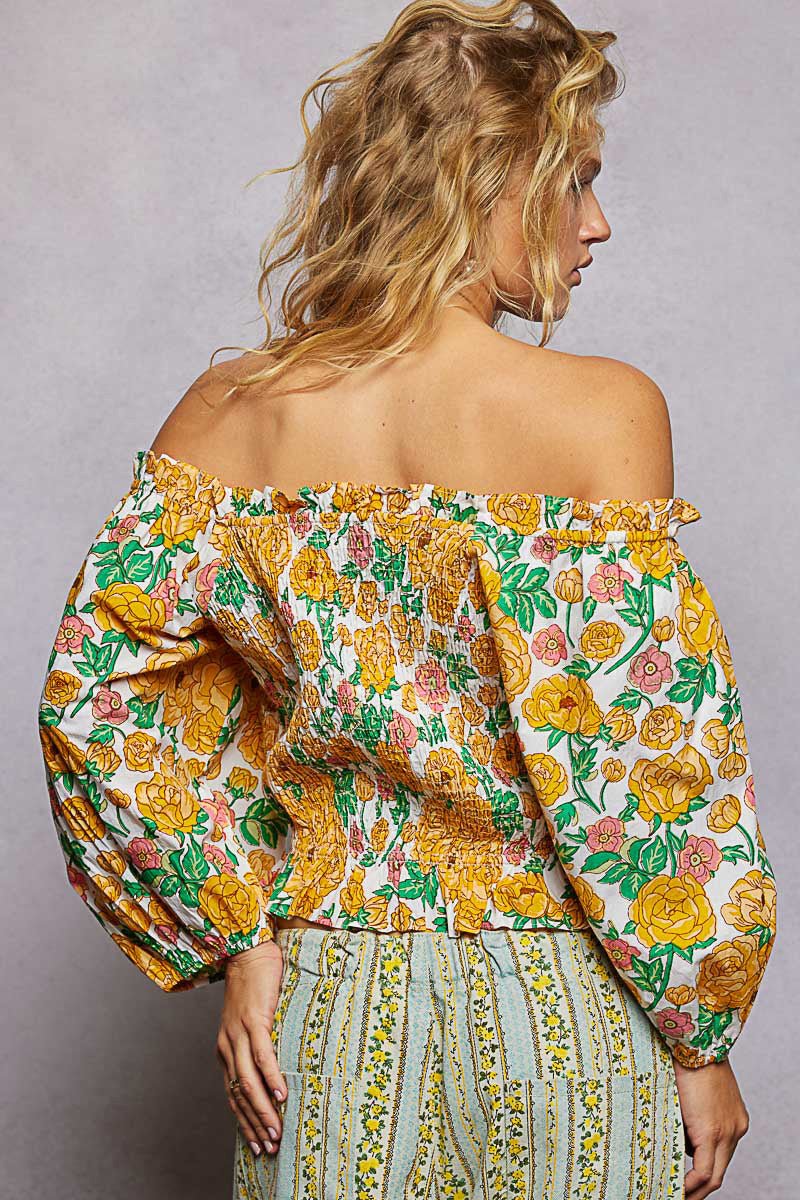 Honey Yellow Floral Print Off-Shoulder Smocked Blouse by POL Back View