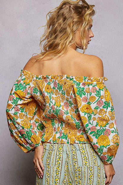 Honey Yellow Floral Print Off-Shoulder Smocked Blouse by POL Back View