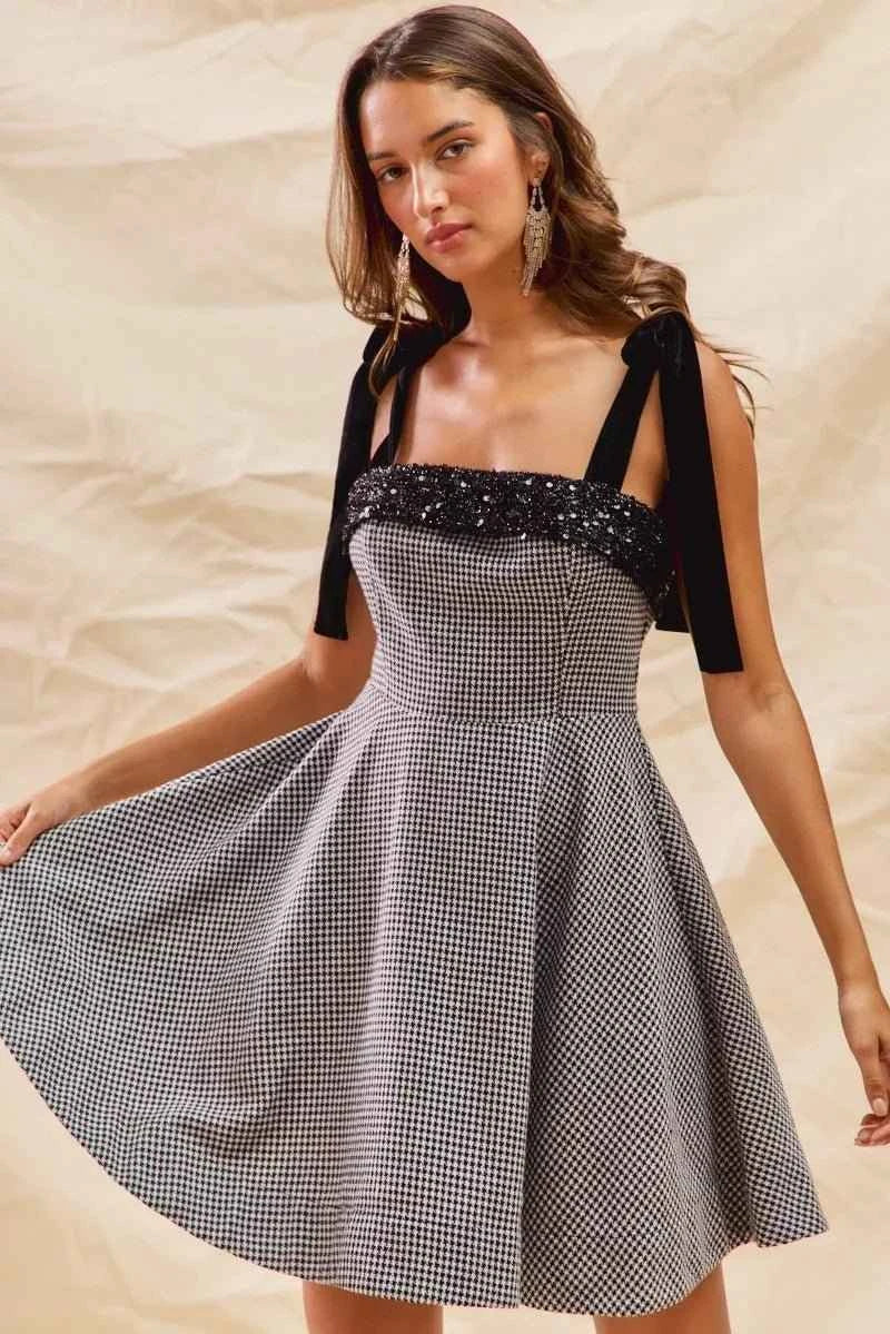 Houndstooth Fit Flare Mini Dress with Shoulder Tie