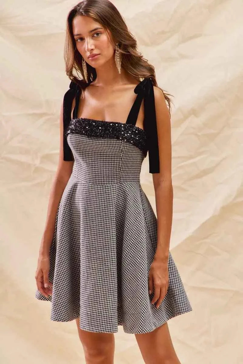 Houndstooth Fit Flare Mini Dress with Shoulder Tie