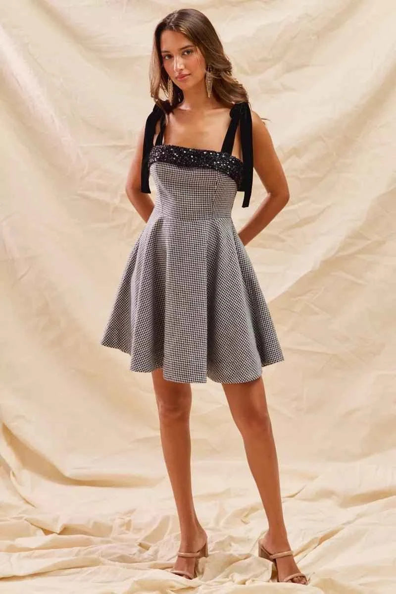 Houndstooth Fit Flare Mini Dress with Shoulder Tie