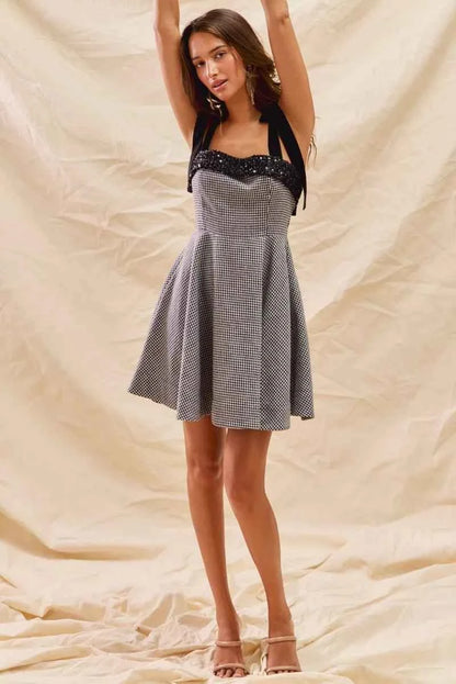 Houndstooth Fit Flare Mini Dress with Shoulder Tie
