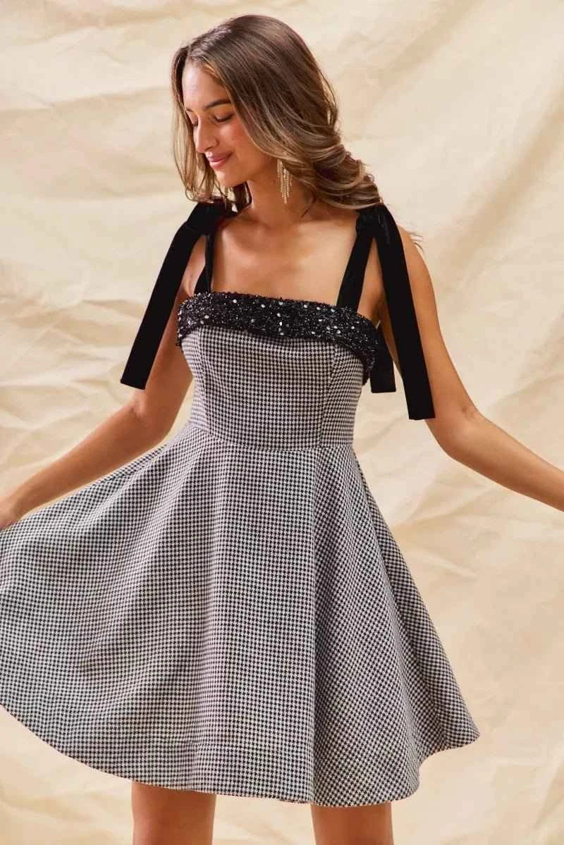 Houndstooth Fit Flare Mini Dress with Shoulder Tie
