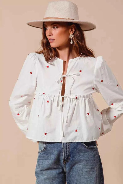 Ivory Front Tie Heart Embroidered Blouse With Puff Sleeve by So Me