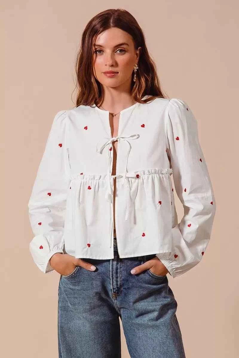 Ivory Front Tie Heart Embroidered Blouse With Puff Sleeve by So Me