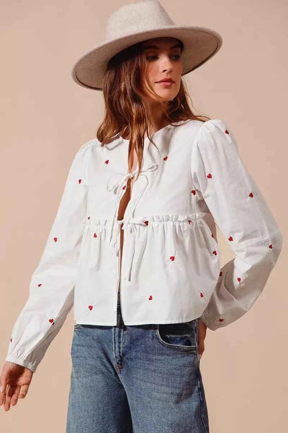 Ivory Front Tie Heart Embroidered Blouse With Puff Sleeve by So Me