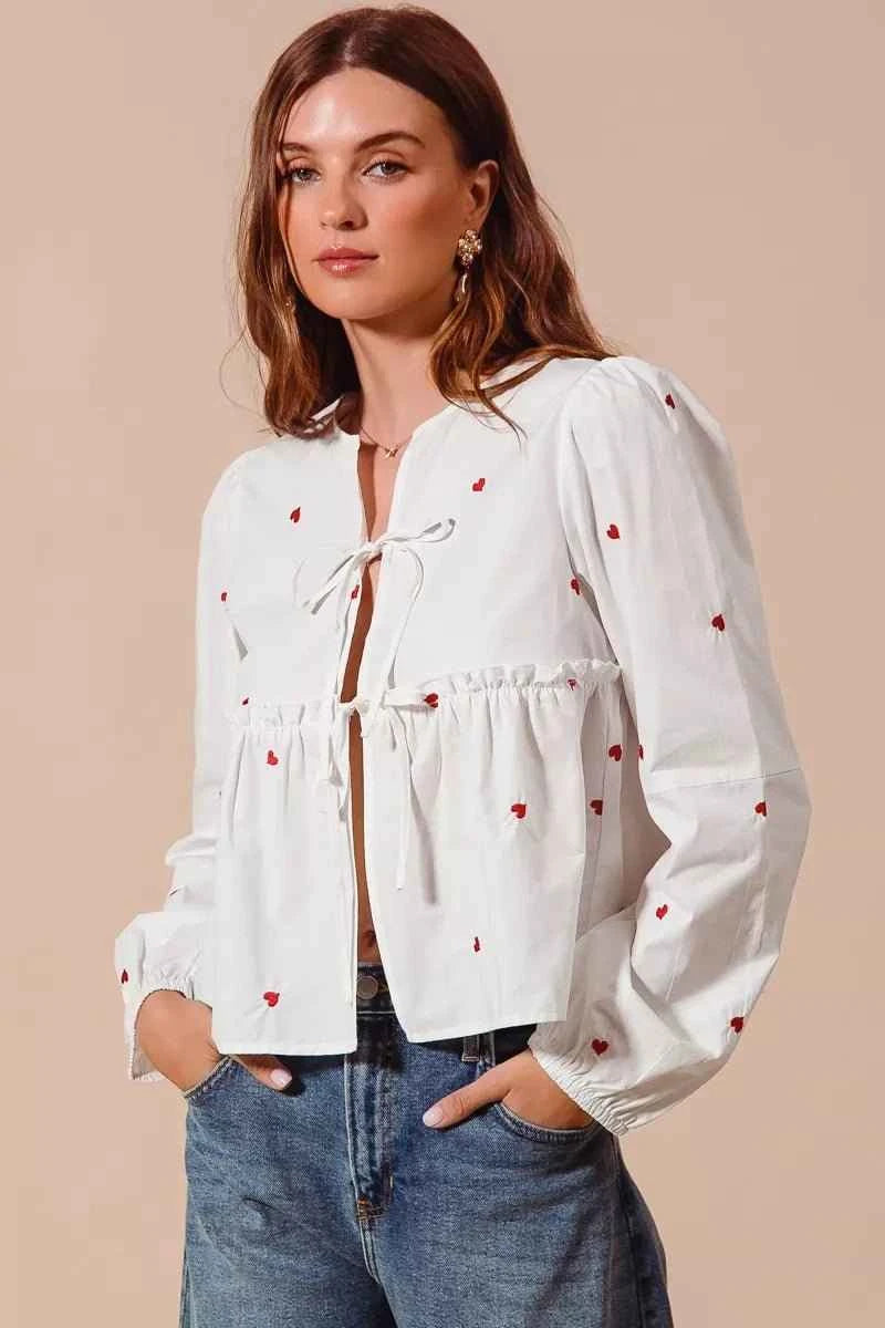 Ivory Front Tie Heart Embroidered Blouse With Puff Sleeve by So Me