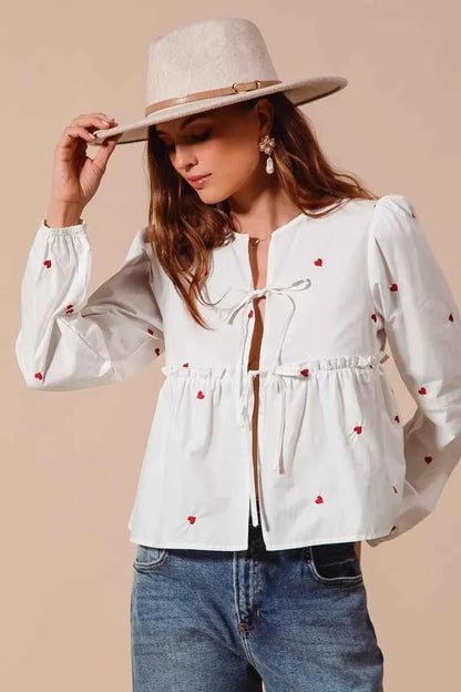 Ivory Front Tie Heart Embroidered Blouse With Puff Sleeve by So Me