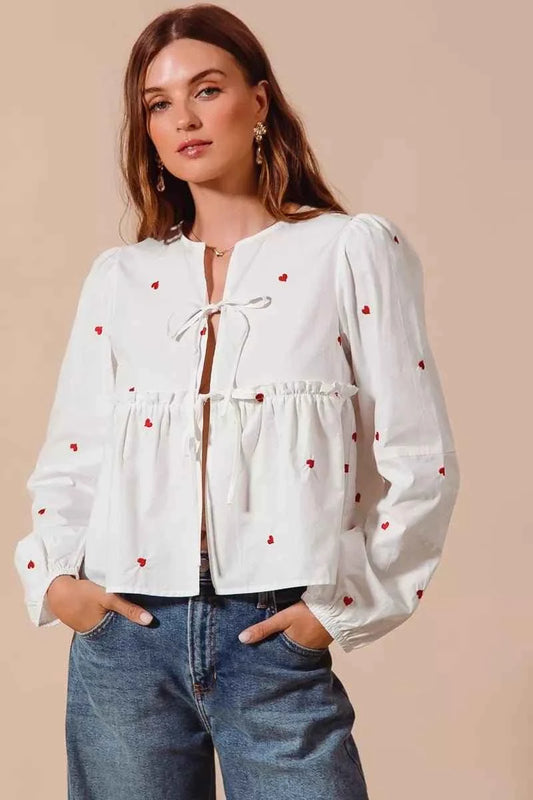 Ivory Front Tie Heart Embroidered Blouse With Puff Sleeve by So Me