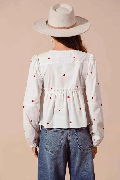 Ivory Front Tie Heart Embroidered Blouse With Puff Sleeve by So Me